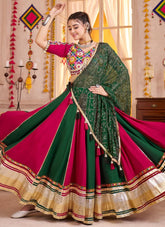 Multi-color Kutchi patch work chaniya choli with maroon choli and green dupatta